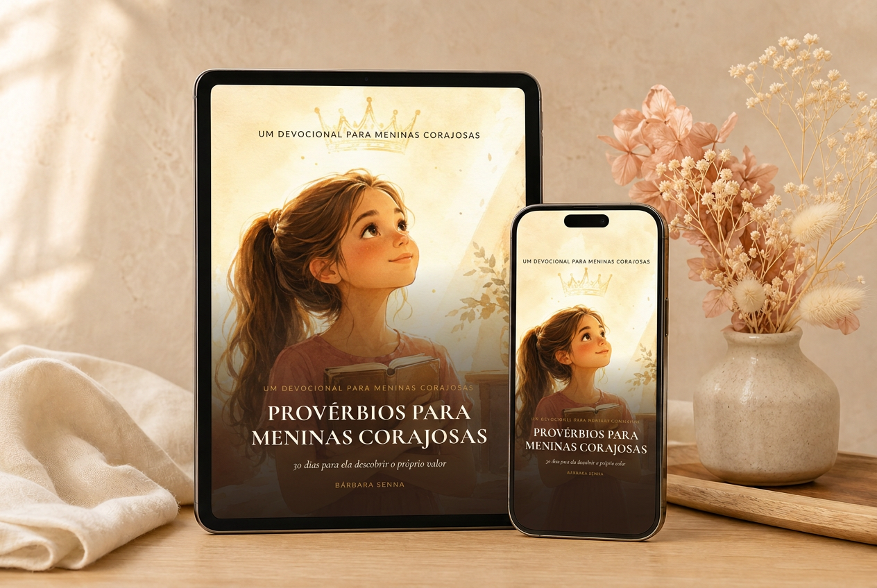 Nova capa do ebook Provérbios para Meninas Corajosas exibida em um tablet e em um celular, sobre uma mesa de madeira clara com flores ao fundo
